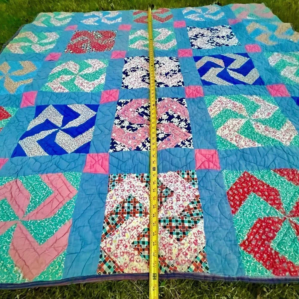 Vintage Hand Stitched Pinwheel Quilt  - 72” 1930’s-1940’s Folk Art Vibrant